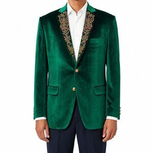 Mens 42R Emerald Green Velvet Blazer Hand Embroidered Lapel Formal Tuxedo Jacket